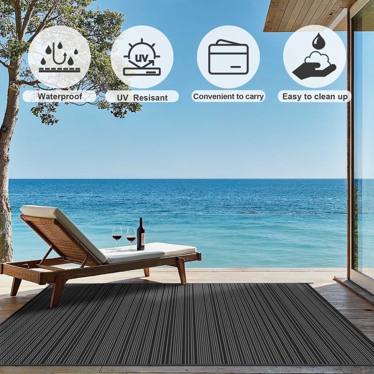 5'X 8' Outdoor Waterproof Rug Camping Mat Patio Carpet,Black&Gray