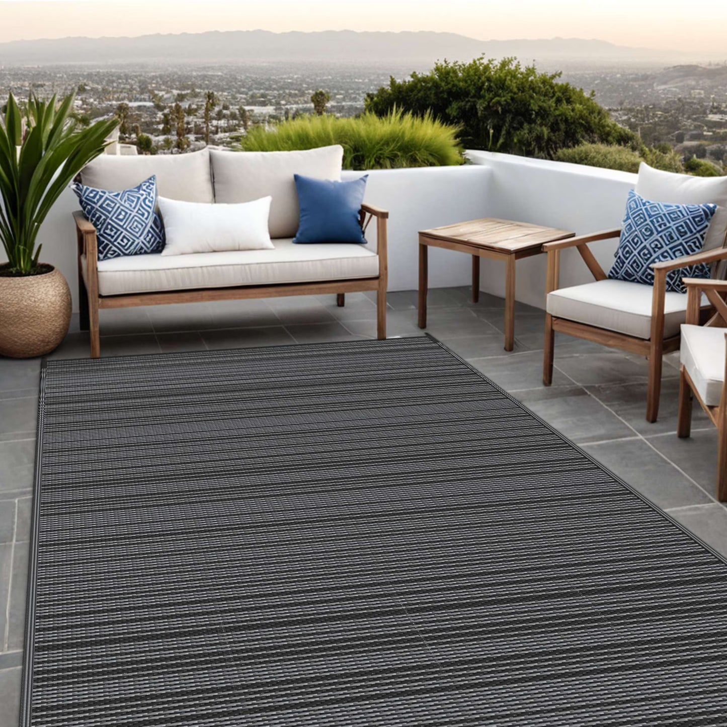 5'X 8' Outdoor Waterproof Rug Camping Mat Patio Carpet,Black&Gray